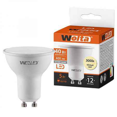 Лампа LED GU10 5Вт 400лм 3000К PAR16 WOLTA (РФ)