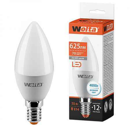 Лампа LED E14 7.5Вт 625Лм 4000К C37 WOLTA (РФ)