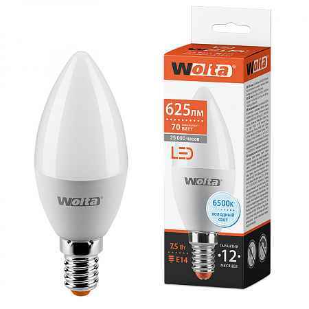 Лампа LED E14 7.5Вт 625Лм 6500К C37 WOLTA (РФ)
