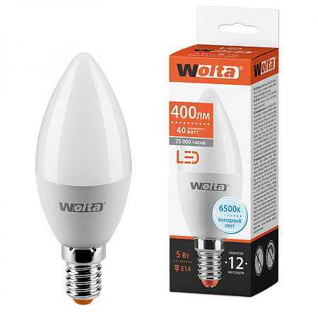 Лампа LED E14 5Вт 400Лм 6500К C37 WOLTA (РФ)